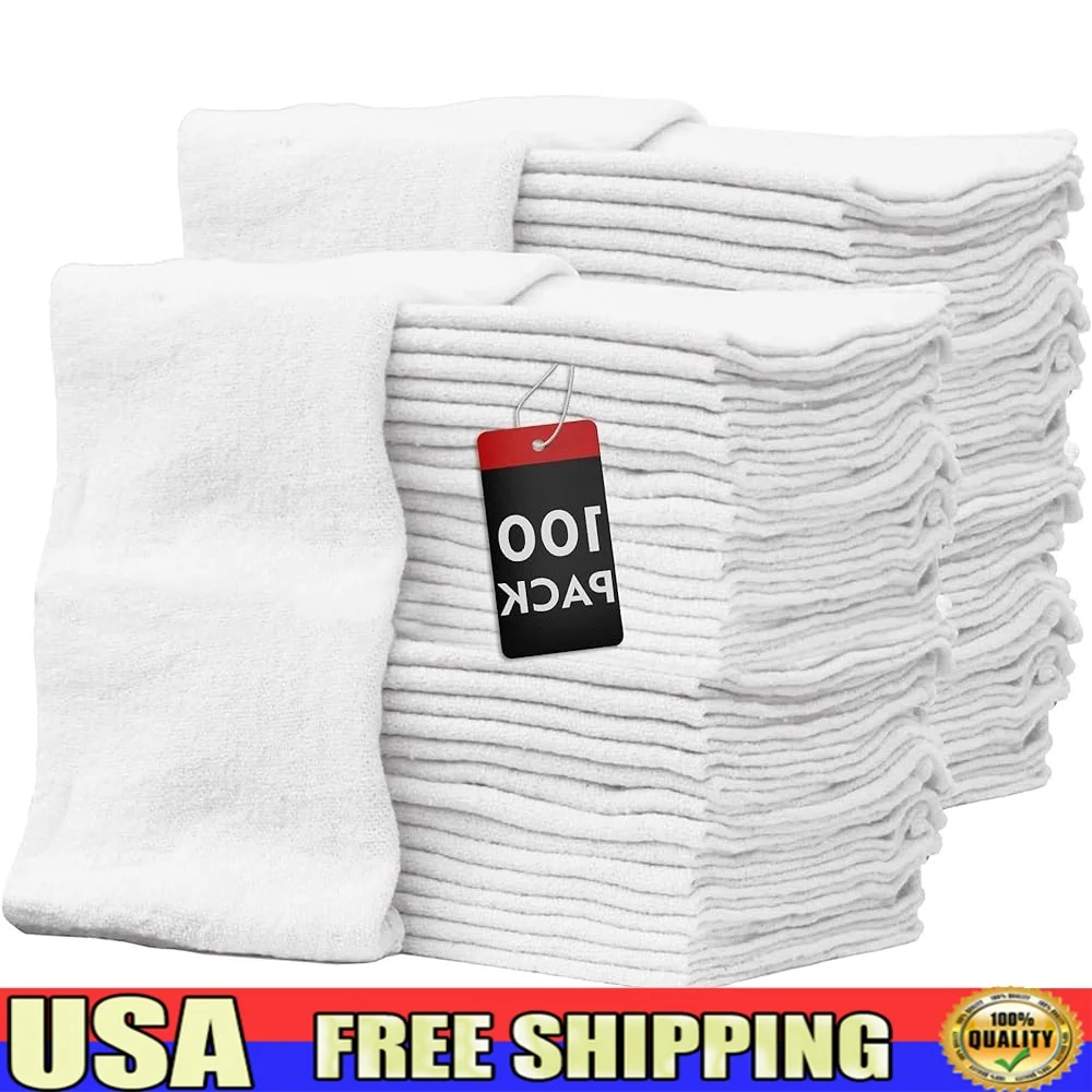 

100 Pack Cotton Shop Towels Durable Lint Free Absorbent Cleaning Rags Reusable Machine Washable Auto Mechanic Garage Kitchen