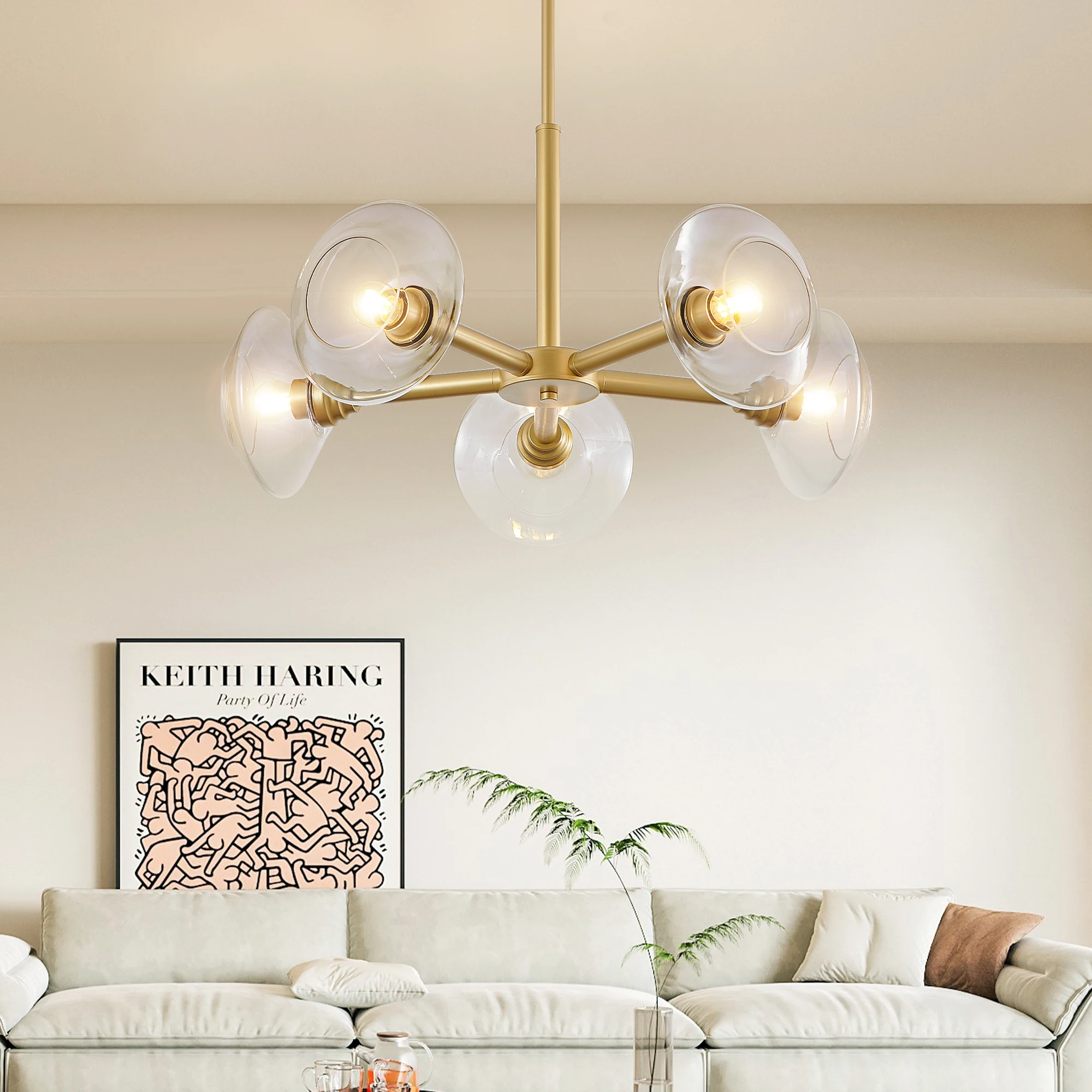 5-Light Modern Gold Chandelier with Clear Glass Shades, Mid-Century Hanging Pendant Light Fixture(Bulb Not Included)