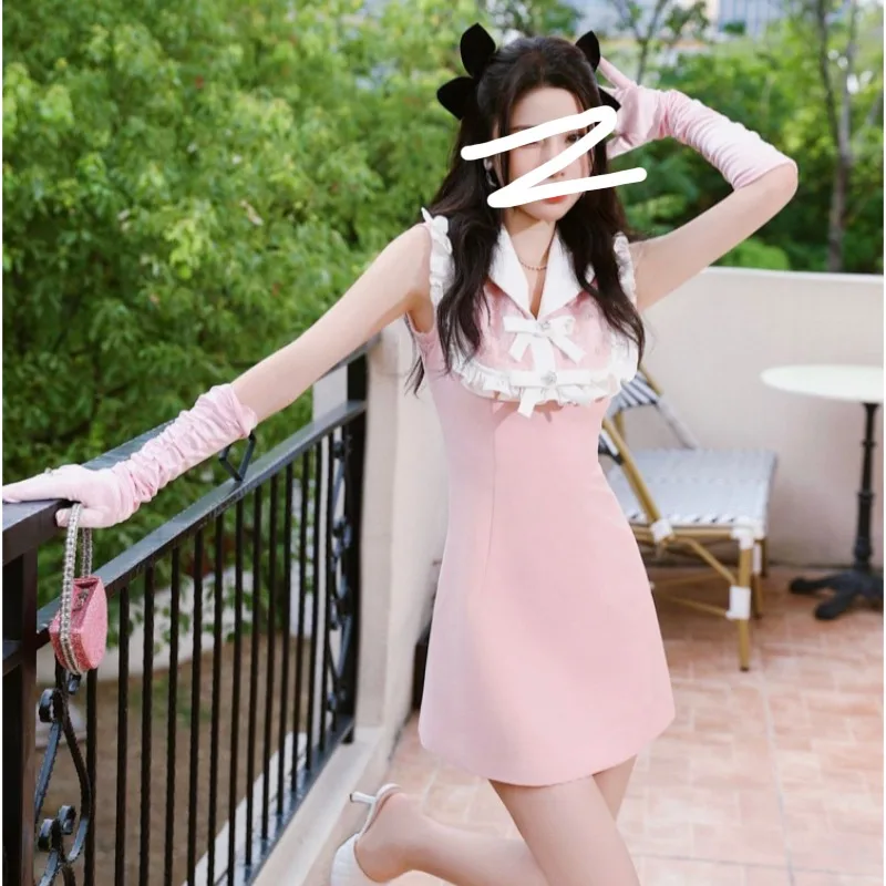 Temperament Sweet Suit Collar Sleeveless A-line Dress Women Fashion Sequin Bow Flounce Contrast Color Splice Summer Slim Wear