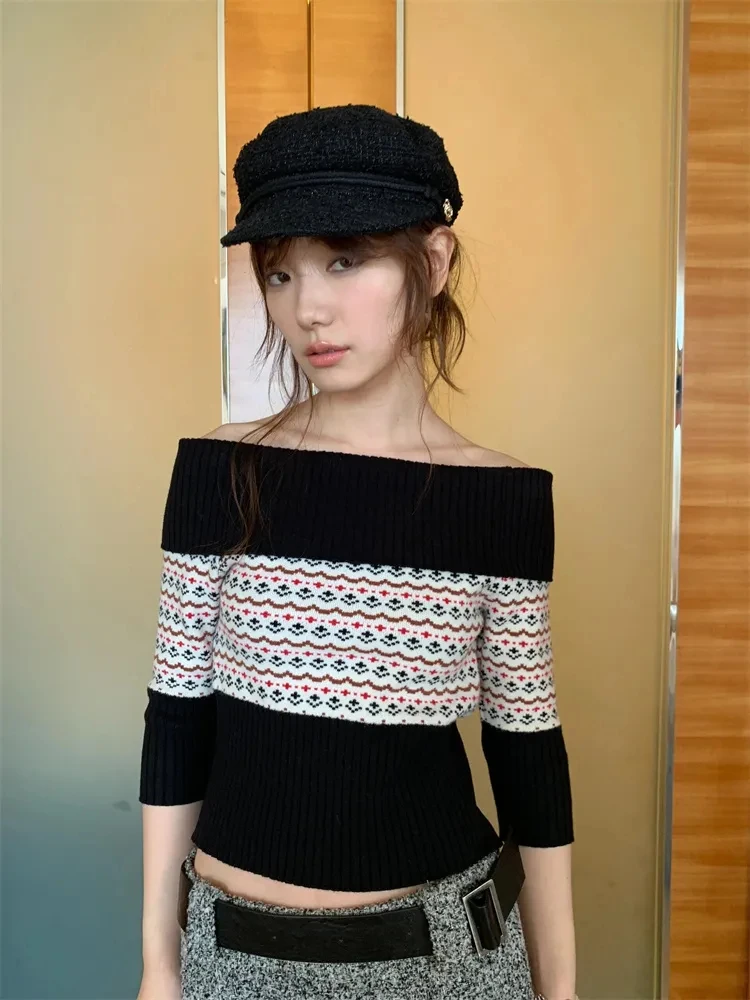 بلوفرات نسائية مخططة بألوان متباينة سترة نسائية مخططة بقصة ضيقة ورقبة مائلة محبوكة سترة علوية Sueter Mujer