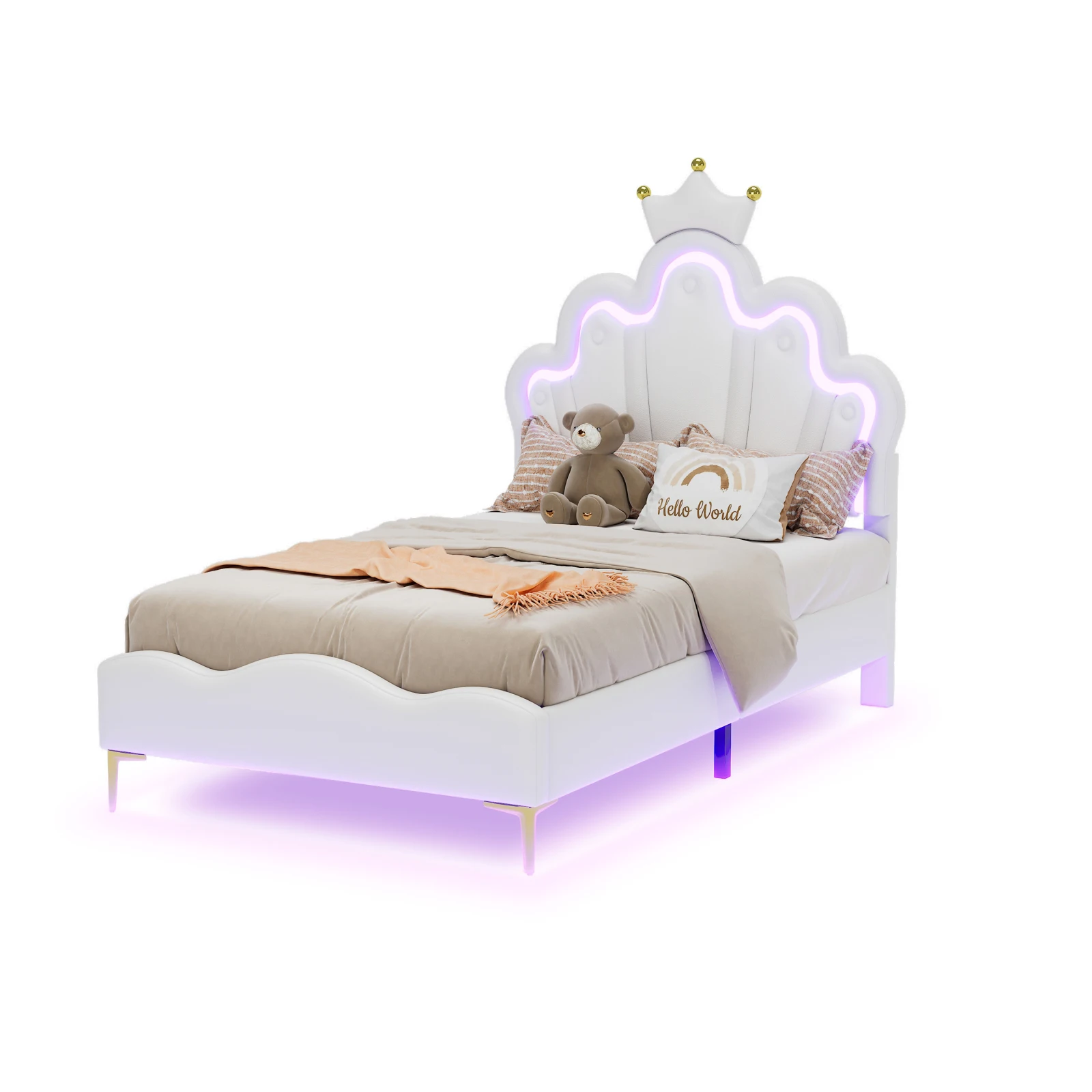 Rosahqnda LED gestoffeerd bed 90x200cm, kinderbed, meisjes eenpersoonsbed, prinsessenbed, kroonhoofdeinde, PU-materiaal, zonder matras - afbeelding 2