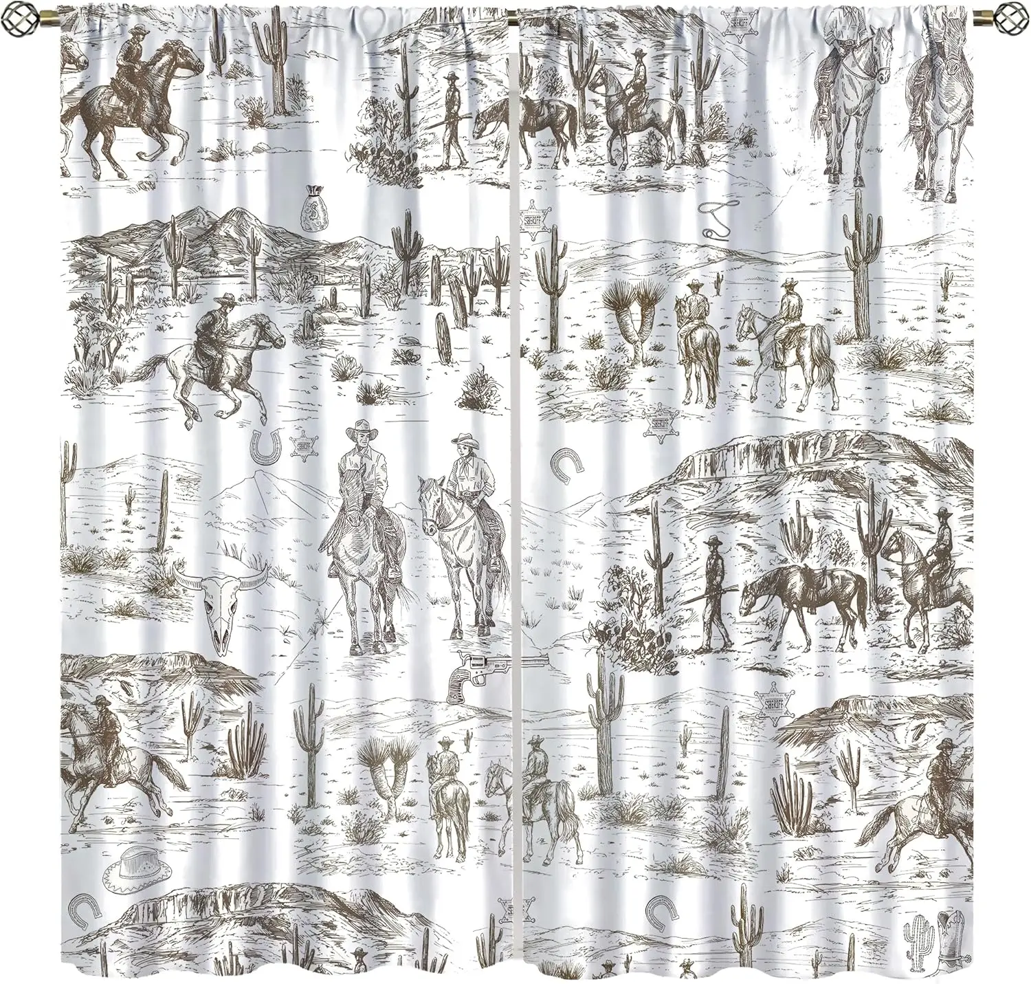 Western Cowboy Curtains, Cartoon Hand Drawn Desert Canyon Cactus Horseshoe Riding Horses Window Drapes for Boys Nursery