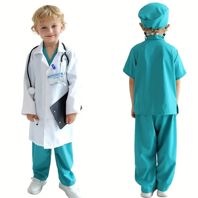 Kids Top+Pants+Coat+Accessories 9PCS Suits With Real Stethoscope For Kids Scrubs Halloween Costume Girls Boys Doctor Dress Up