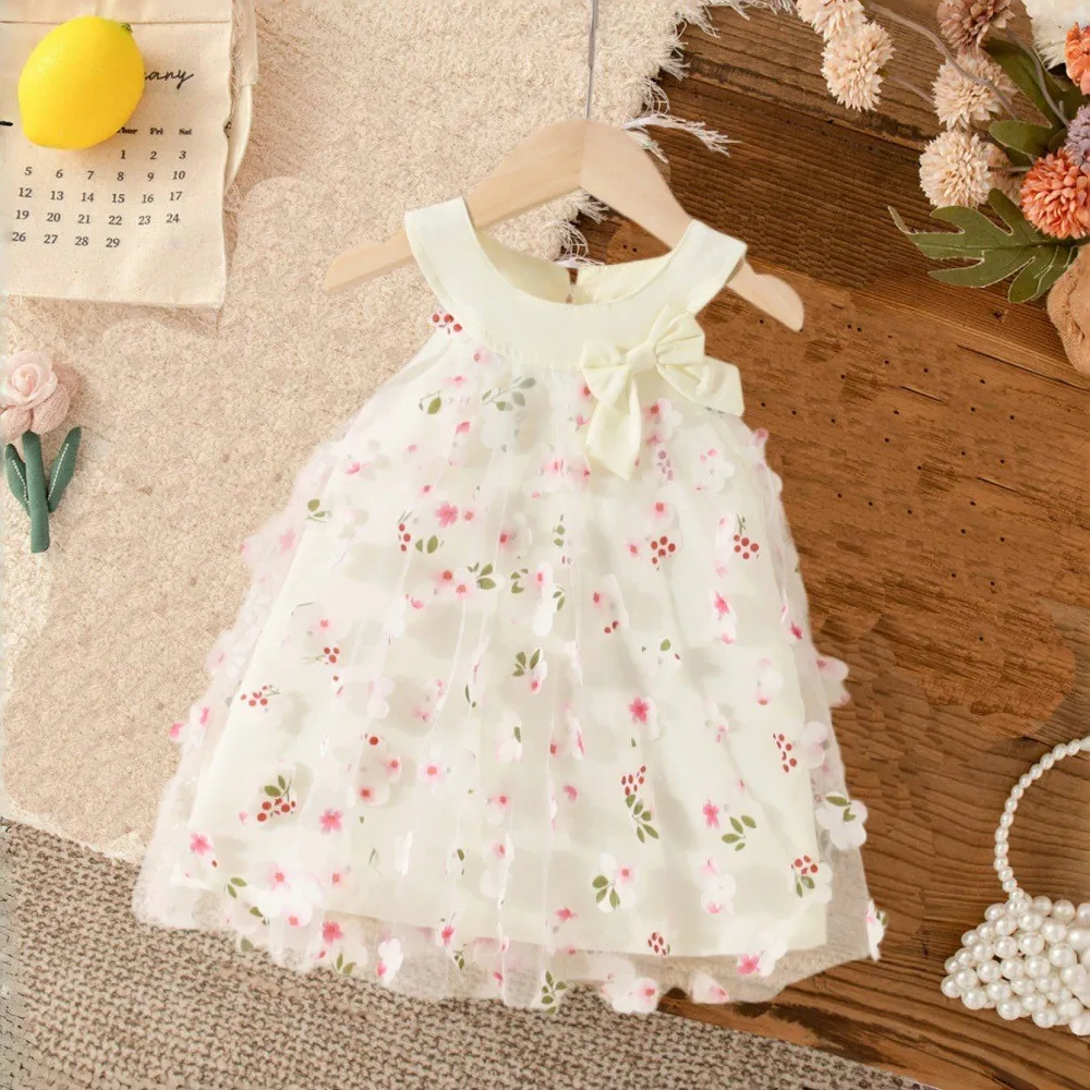 Summer Pink Sweet and Cute Baby Girl Bow Hanging Neck 3D Flower Mesh Princess Dress Korean Version