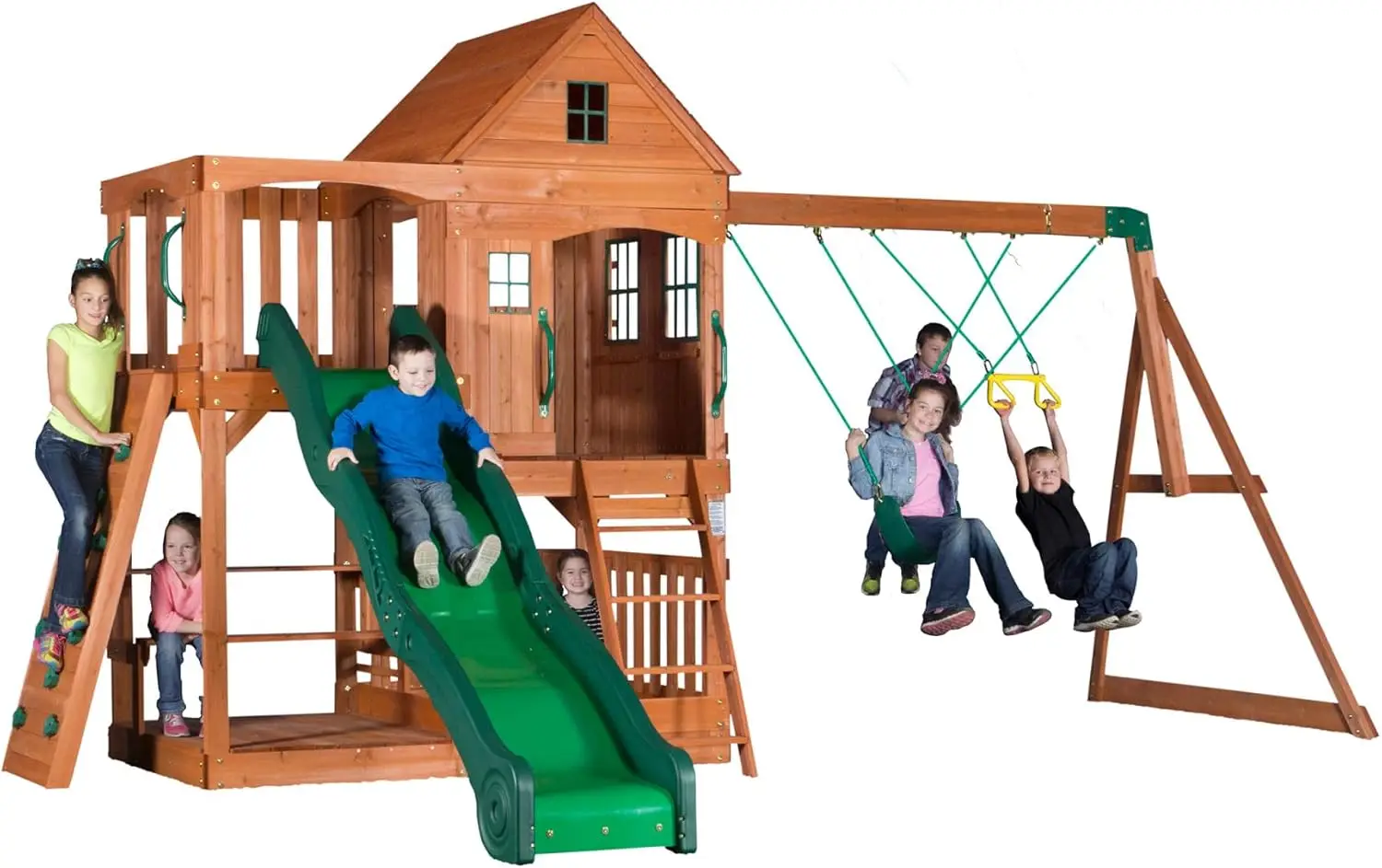 Hillcrest Cedar Wooden Swing Set, Upper Fort, Lower Playhouse, Slide, Swings, Acrobat Bar, Rock Wall