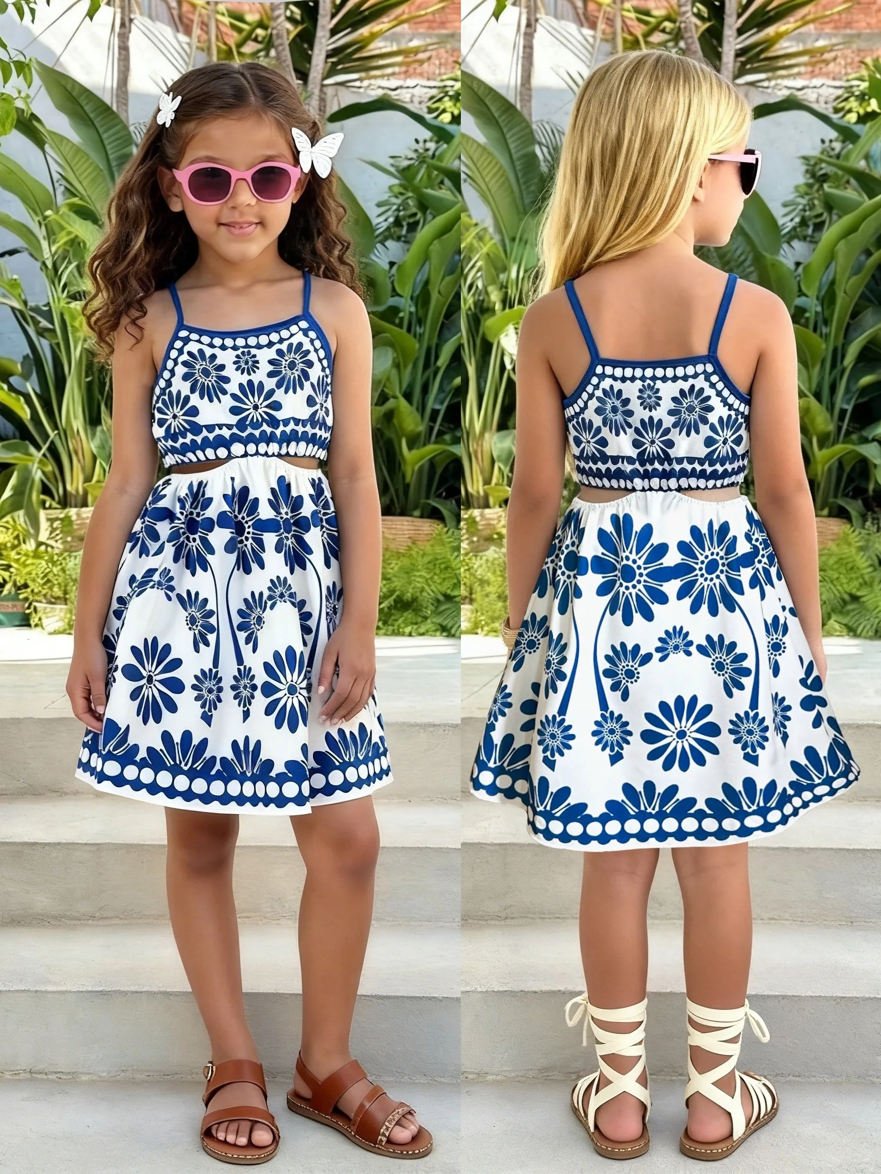 Trendy Girls 1Pc Bohemian Beach Dress, Navy Ethnic Flower Print Waist Cutout Swing Dress for Tropical Resort Kids Outdoor Photos