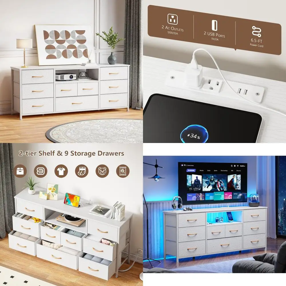 

55-65 TV Stand with Fabric Storage Drawers, LED Light, and Power Outlet for Bedroom or Entertainment Center