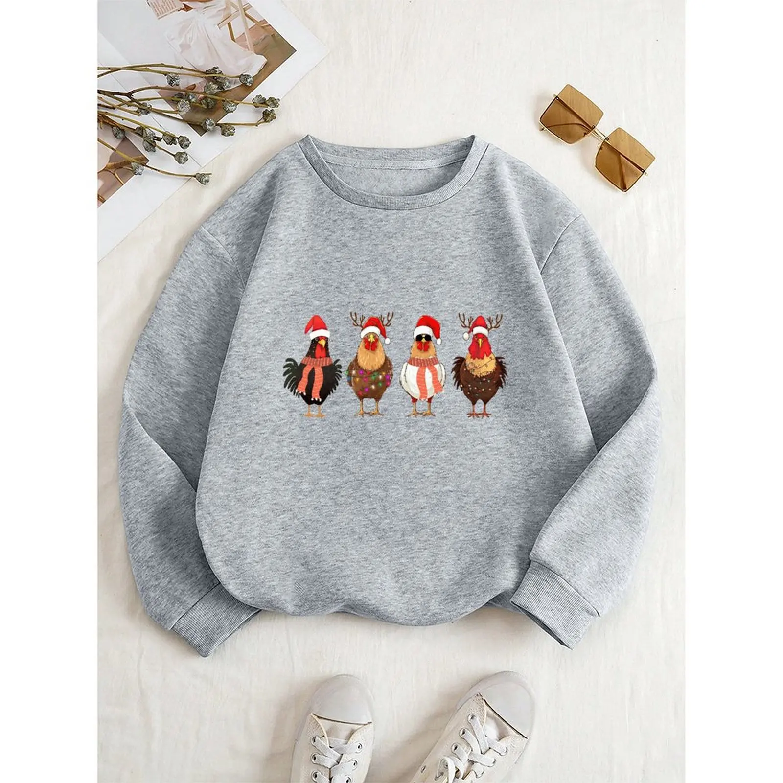 المرأة س الرقبة البلوز المخملية الشتاء عارضة فضفاضة مريحة عيد الميلاد الدجاج المطبوعة نمط البلوفرات سترة طويلة الأكمام