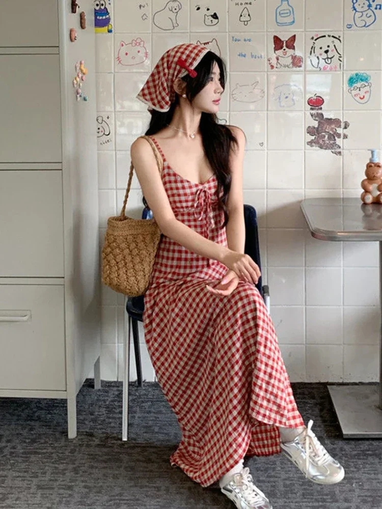 패션 격자 무늬 Camis 드레스 여성 빈티지 휴가 섹시한 백 레이스 스파게티 스트랩 드레스 한국어 슬림 스위트 미디 라인 드레스