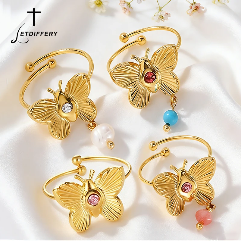 Letdiffery Elegant Butterfly Rings for Women Stainless Steel Colorful Zircon with Imitation Pearl Open Adjustable Ring Jewelry