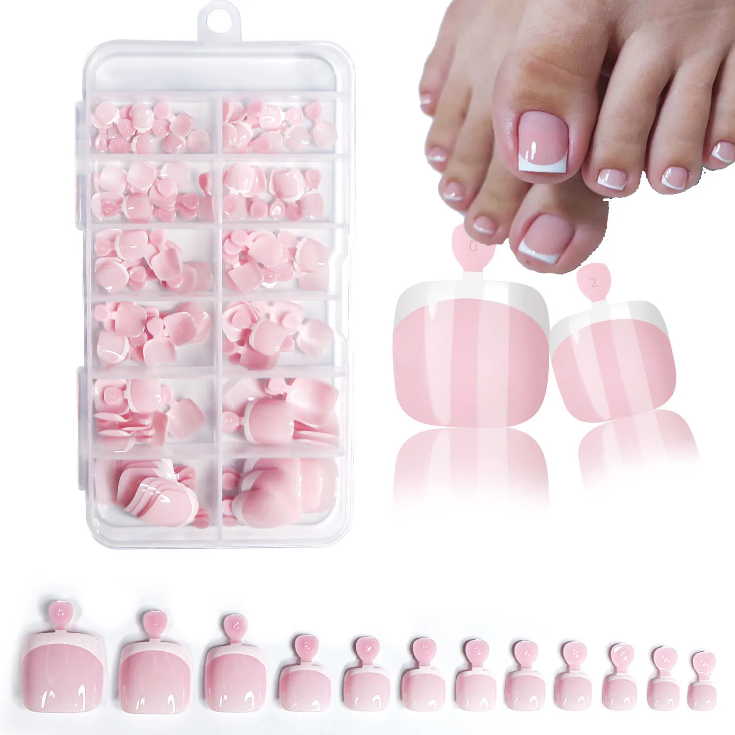 120 Stück glänzende nackte rosa französische Zehennägel-Set zum Aufdrücken, 1 x Box, kurze französische quadratische künstliche Zehennägel, einfarbige Maniküre-Zehennägel