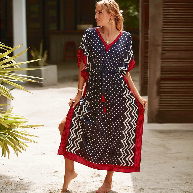 Charming Handblock Print Kaftan Elegance Women Maxi Dress White Polka Dots Red Hem Chic India Caftan Comfy Rayon Beach Cover Ups