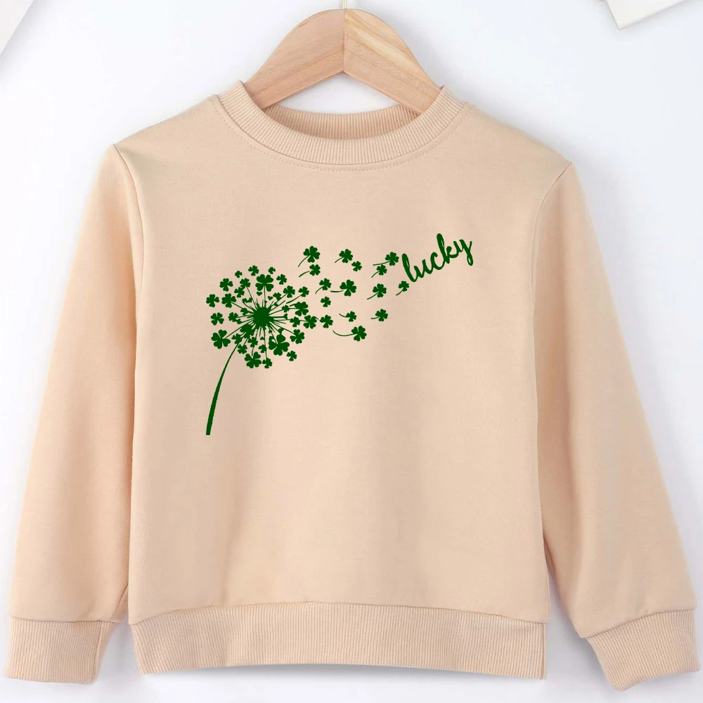 Lucky Clover Creative Aesthetic Clothes for Children Khaki Round Neck High Quality Kids Sweatshirt Spring Autumn Boy Girl Tops