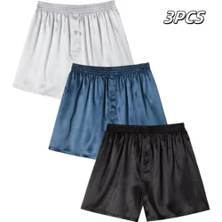 3 Pcs Men's Satin Boxer Shorts  Solid Loose Boxers and Underpants Men Silk-Like Sleepwear with Comfortable Elastic Waistband