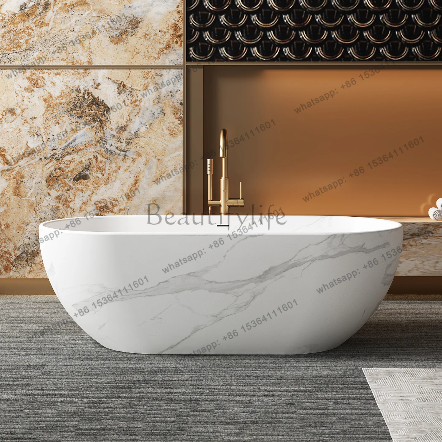 Any Size Custom Artistic Natural Marble Freestanding Bathtub Handcrafted Oval Double Soaking