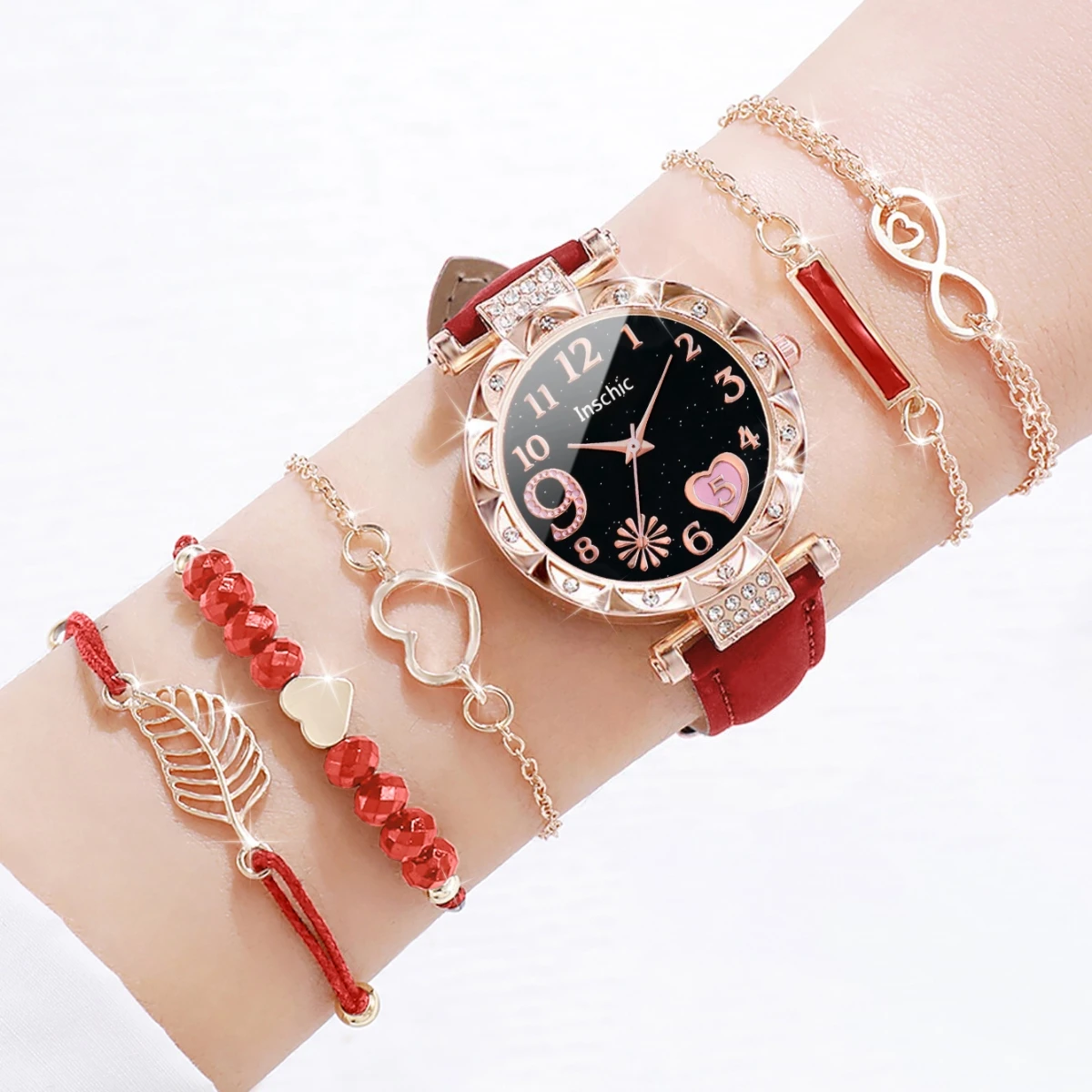 6PCS/Set Fashion Heart Dial Women\'s Watch Leather Band Quartz Watches Leaf Bracelets Set（Without Box）