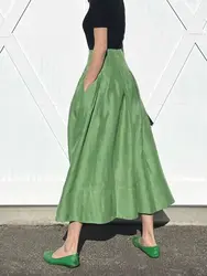 Faldas Mujer Moda Retro Temperament Green High Waist Slim Big Umbrella Skirts Pocket Women Pleated Long Casual Jupe