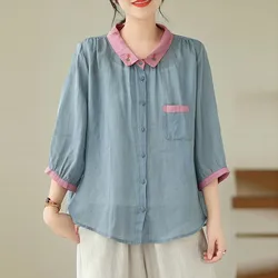 Women Summer Casual Shirt New Arrival 2024 Vintage Style Solid Color Basics Loose Thin Female Cotton Tops Shirts B3617