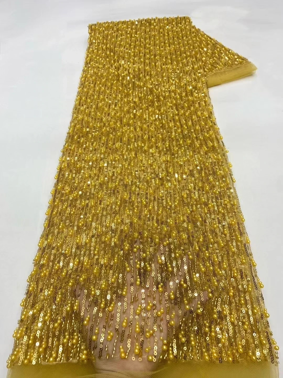 

New Design Gold Beaded Sequins African Lace Fabric 2025 High Quality Heavy Beads French Lace Fabric For Evening Dress LXX25170