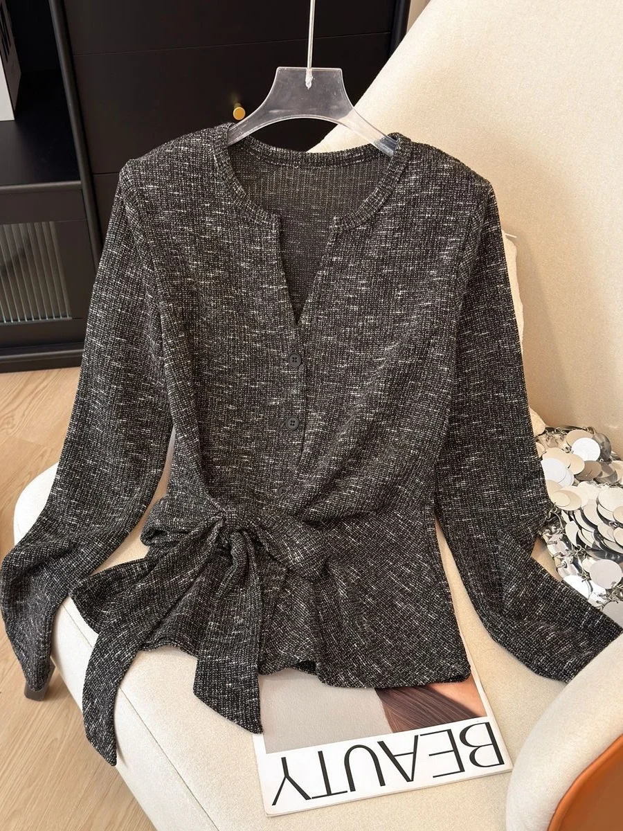 

Ретро-кардиган с V-образным вырезом, вязаный, на осень, женский, премиум-класса, с длинными рукавами, с поясом, свободного кроя, с кружевной отделкой