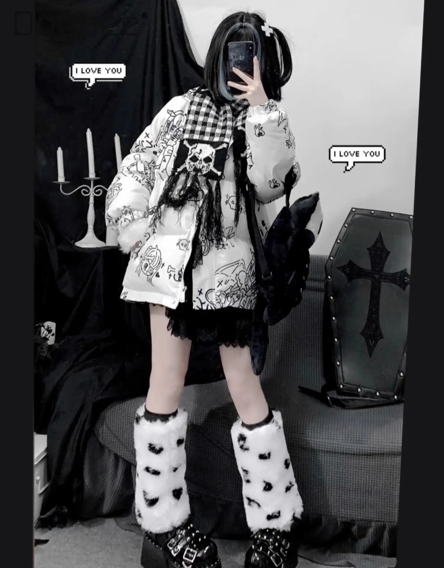 Harajuku Print Parkas Women Stand Collar Zipper Warm Long Sleeve Coats Y2k White Black Vintage Street Fashion Outwear