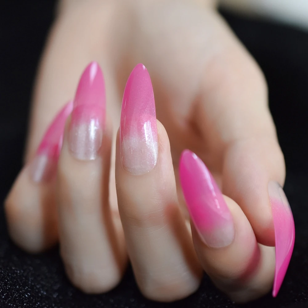 Gradient Rose สีชมพู French Stiletto เล็บปลอมยาวพิเศษชี้เจลกดบนเล็บปลอม Salon Party Finger กาวสวมใส่