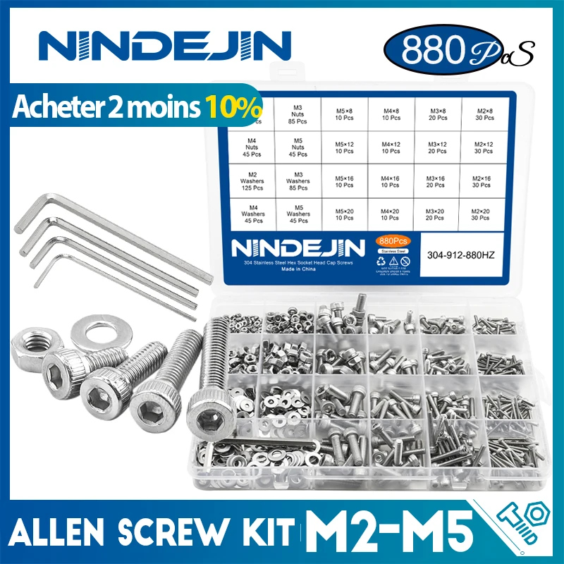 NINDEJIN-Jeu de boulons et d'1948 à tête ronde plate en acier inoxydable, vis à six pans creux hexagonale, WieshammKit M2 M3 figuré M5, 880 pièces