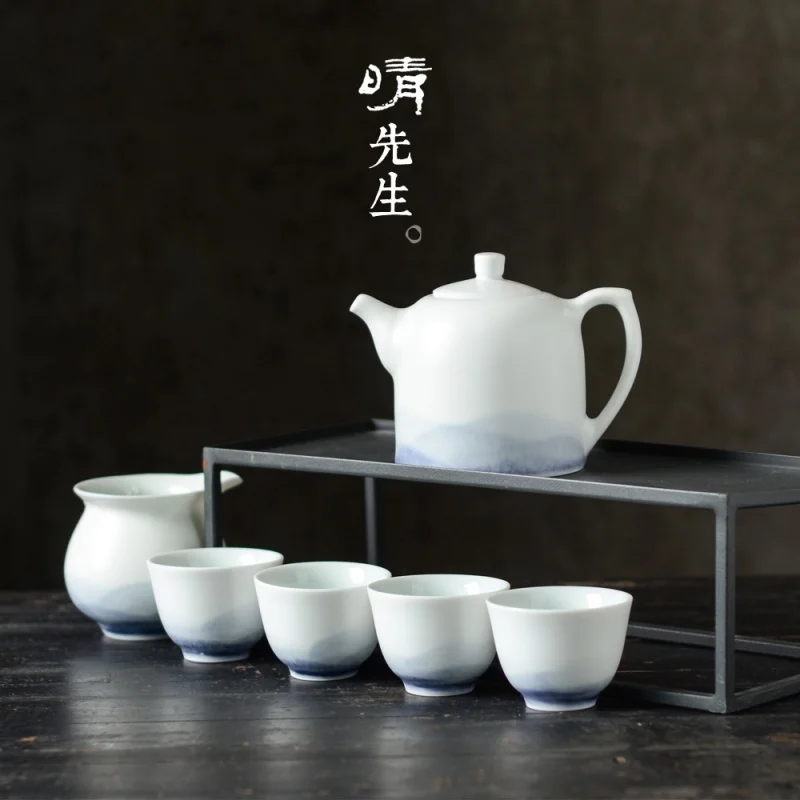 ★Yuanshan Blue and White Handmade Ceramic Tea Set Zen Landscape Painting Teapot Tea Cup Pitcher Jingdezhen Kung Fu Tea Cup