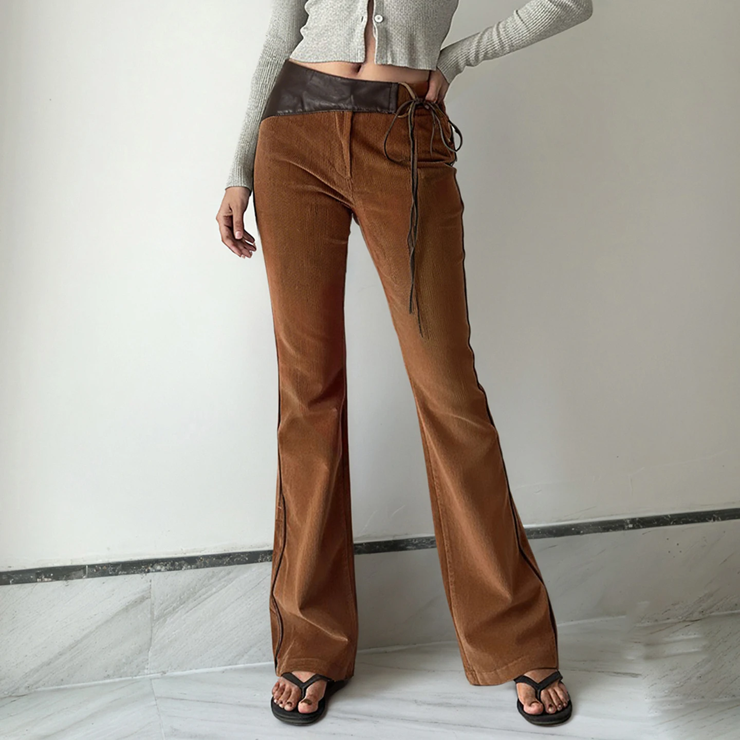 Women Corduroy Flare Pants Faux Leather Splice Waistband Lace‑Up Side Tie Vintage Low Waist Bell‑Bottom Streetwear Trousers