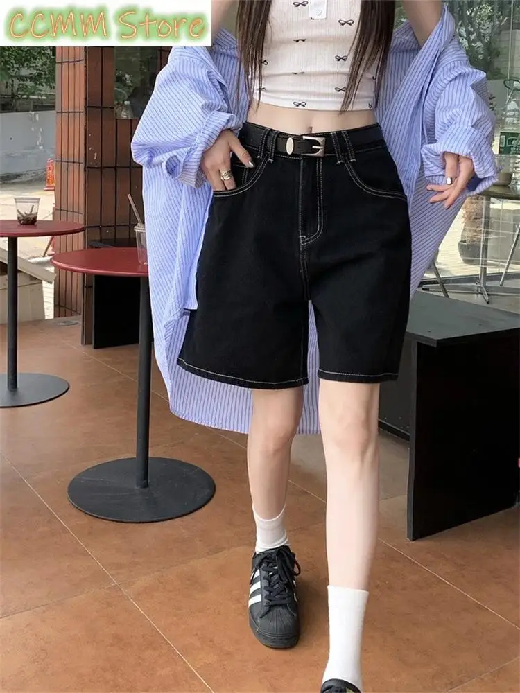 Summer Women's Black High Waisted Wide Leg Mid Length Pants Young Girl Bottom Female Bright Line Decoration Black Denim Shorts