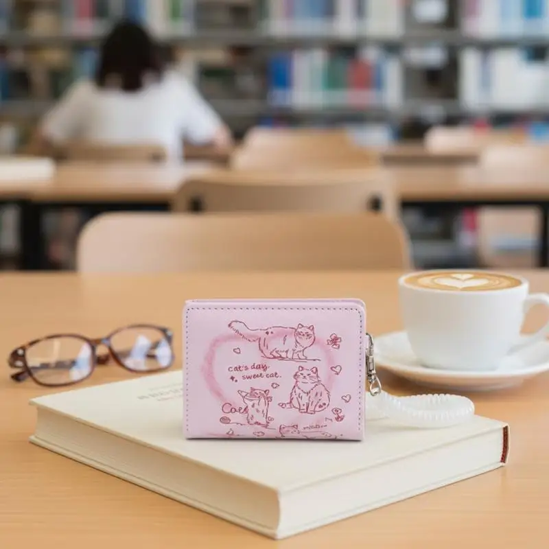 Kawaii Cat Printed Card Wallet With Multiple Card Slots And Matching Pendant Perfect For Overseas Travel Daily Use