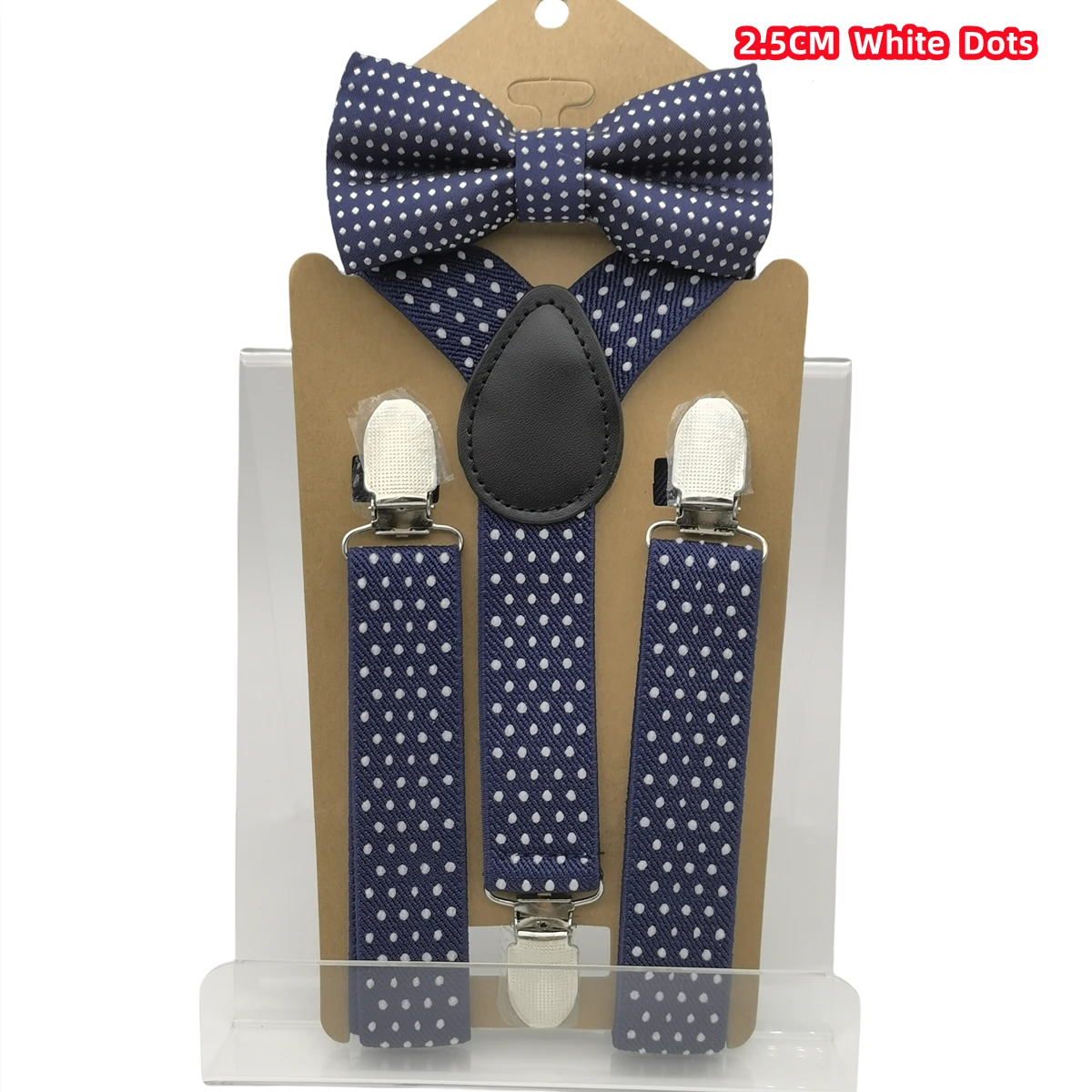 Bretelle per bambini da 2.5CM con papillon set combinati bretelle per feste modello puntini bianchi cinghie elastiche regolabili B0805