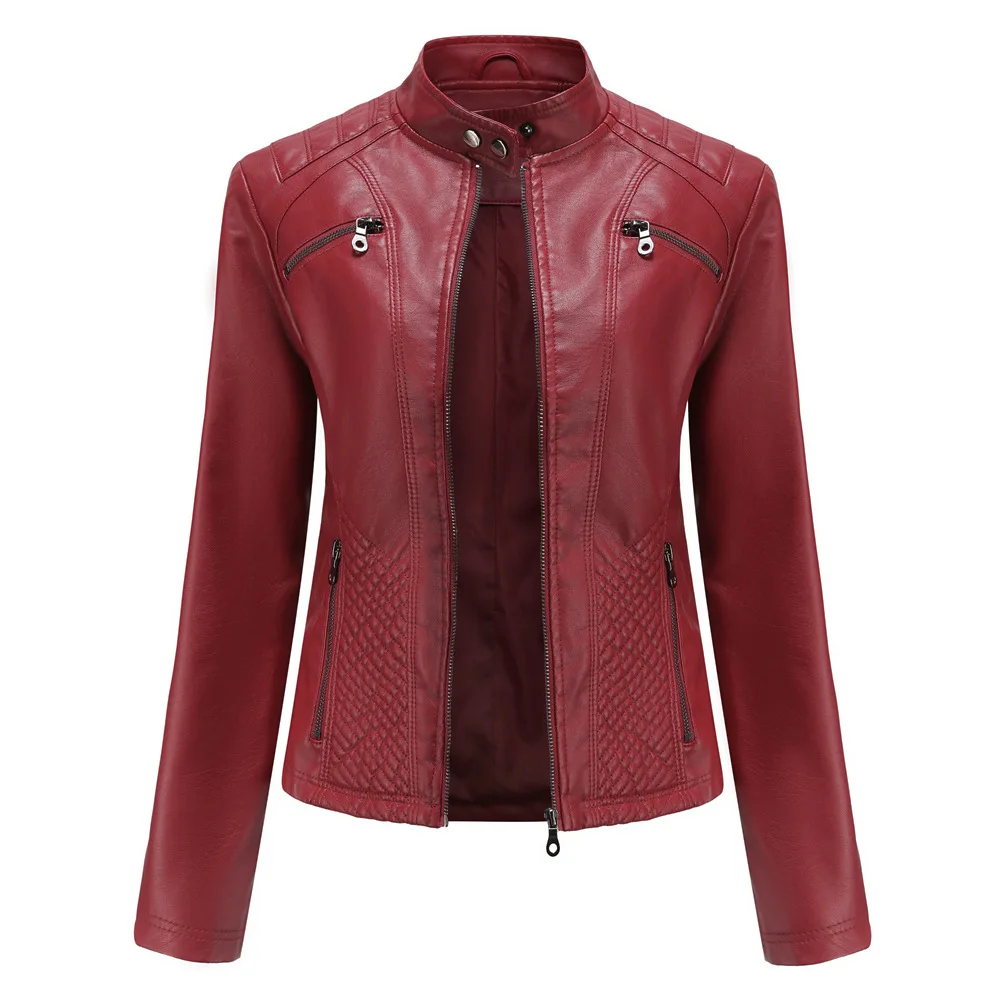 Lavender Purple Long Sleeve PU Jacket Women\'s Fashion Motorcycle Leather Jacket Red and Black Coat Women Outerwear