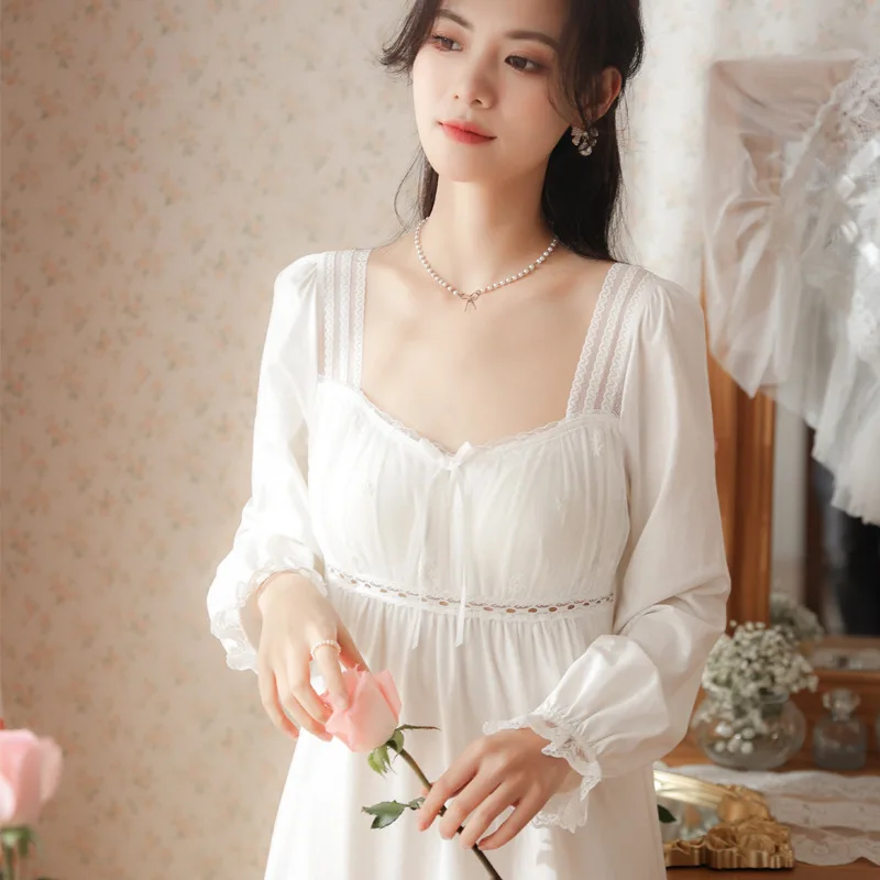 Women Long-sleeved Cotton Nightgowns Retro Court Style Princess Nightdress Square Collar Long Pajamas Lace Sexy Home Clothes