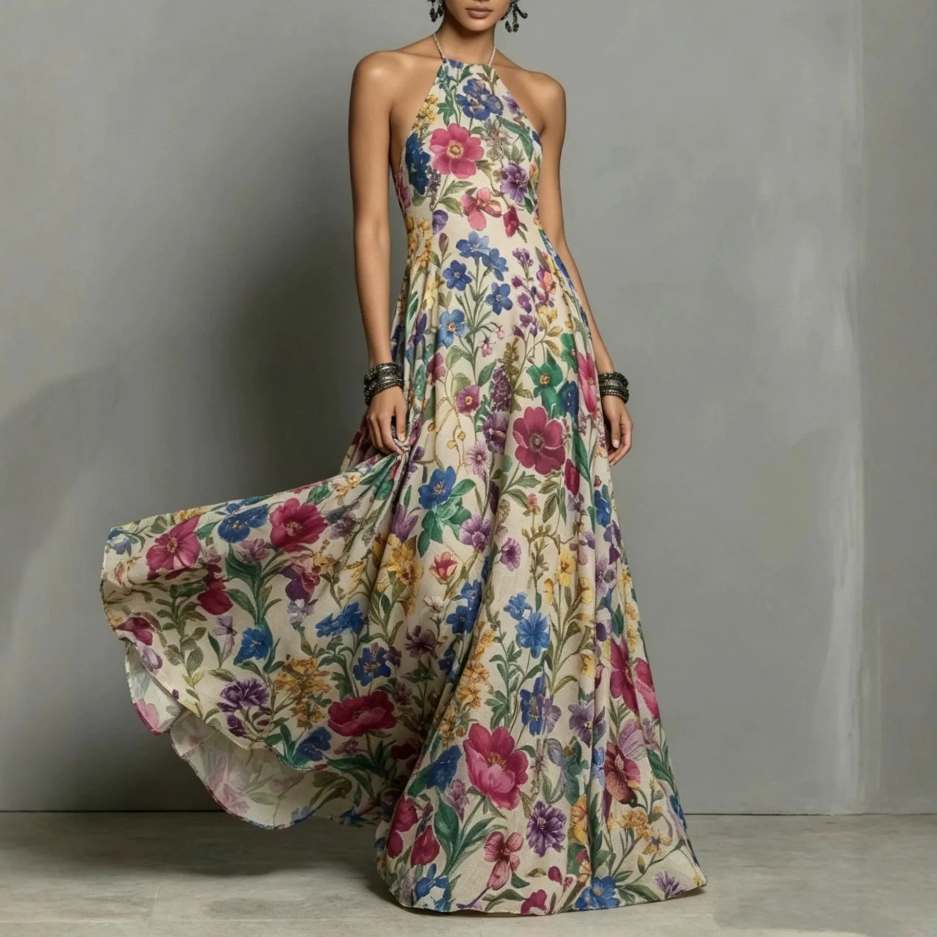 2026 Damen Vintage Blumenmuster Neckholder Maxikleid Sexy Ärmellos Figurbetont Fließender Saum Lässiges Sommer Strand Urlaub Outfit