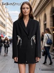 TWOTWINSTYLE, Blazers adelgazantes de diseñador ahuecados lisos para mujer, cuello en V, manga larga, abrigo con temperamento de diamantes empalmados para mujer