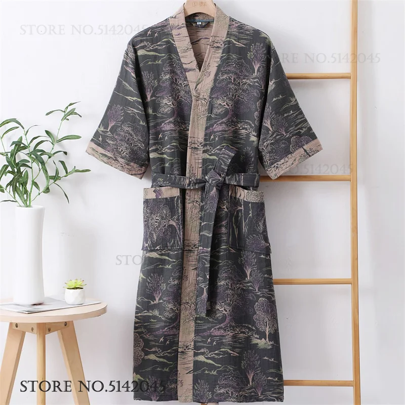Double Layer Cotton Gauze Robe Couple Kimono Bathrobe Gown Jacquard Female Sleepwear Nightgown Sexy Loose Casual Homewear Pajama