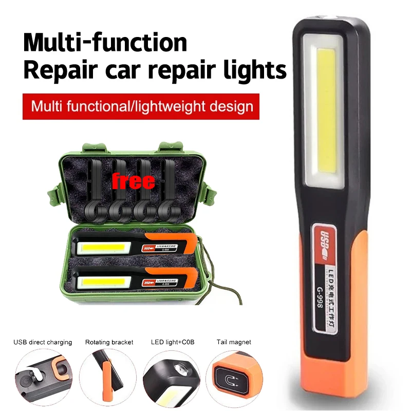 Multifunctional Powerful COB LED Work Light Portable Rechargeable Flashlight with Magnetic Emergency Light for Outdoor Camping