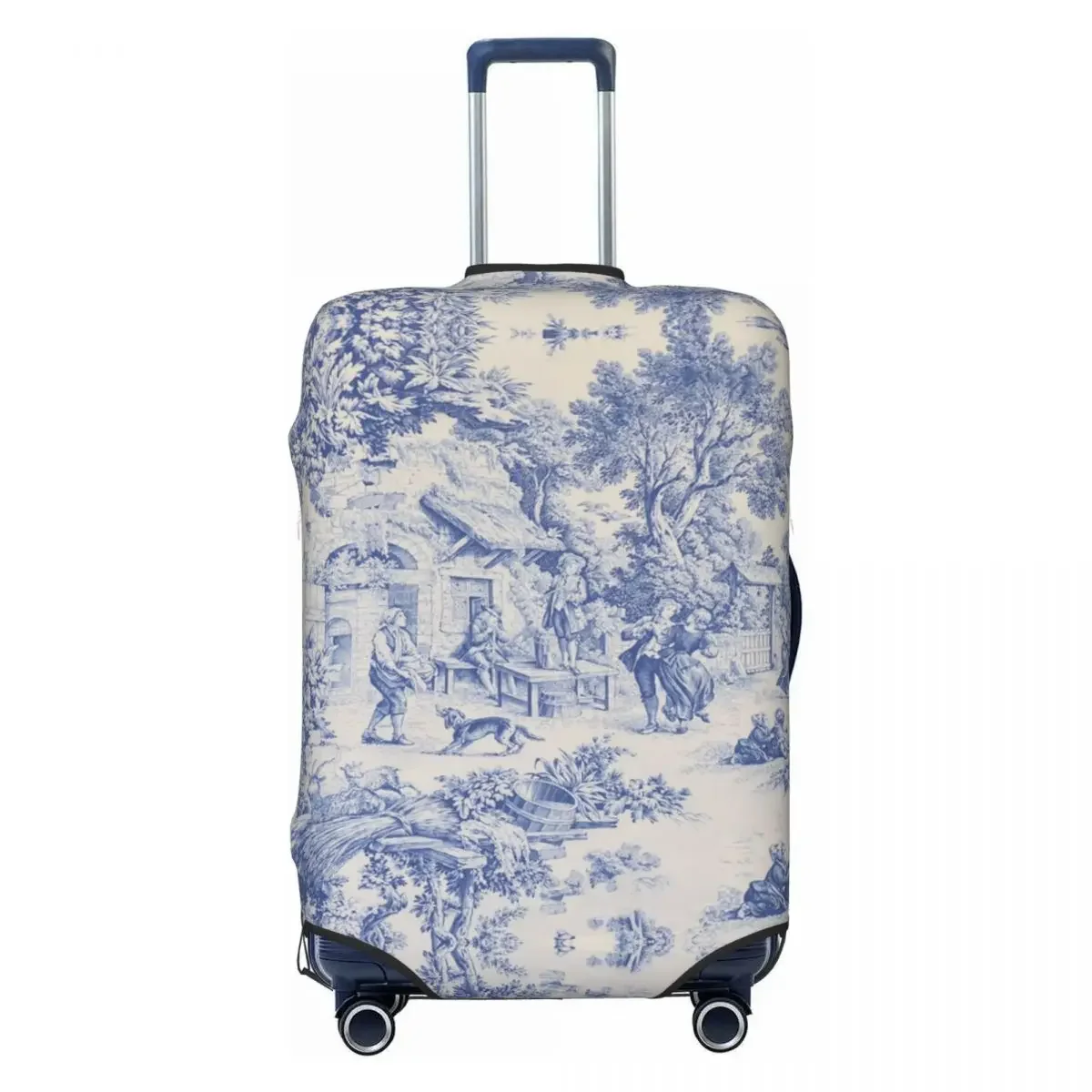 Classic French Toile De Jouy Navy Blue Motif Pattern Luggage Cover Elastic Travel Suitcase Protective Covers Suit For 18-32 inch