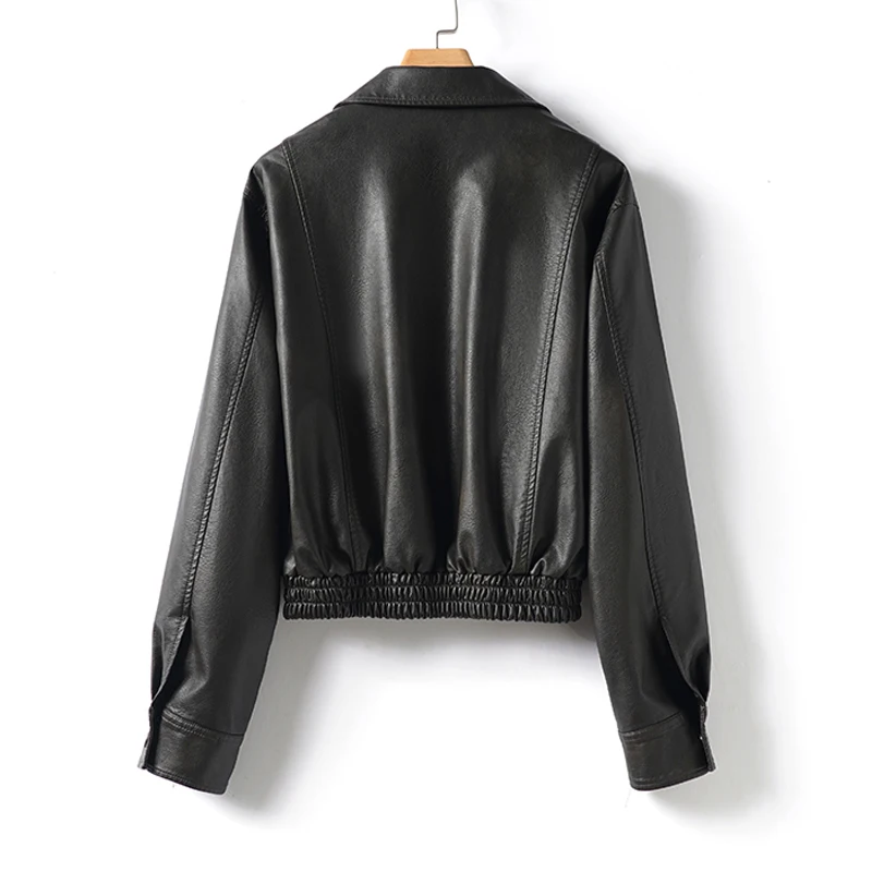 Casual Donna Giacche di pelle di pecora 2025 Autunno Moda Cerniera allentata Donna Elastico in vita Split Pelle di pecora Moto e giacca da motociclista Cappotti