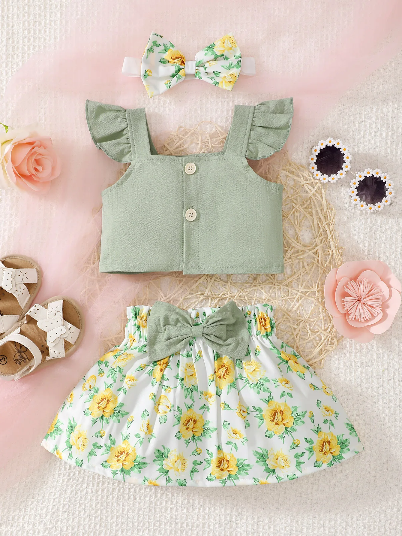 0-2 Year Old New Baby Girl Suspender Sleeveless solid Color Top Printed Bow Short Skirt Headband 3-Piece Set