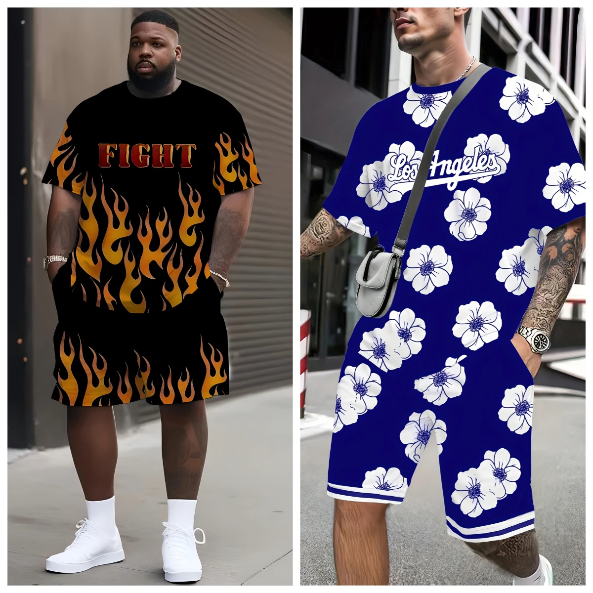 

2025 Summer Men's Casual Daisy Two-piece Outdoor Outfit - Breathable Polyester Short-sleeved T-shirt and Shorts Street Style