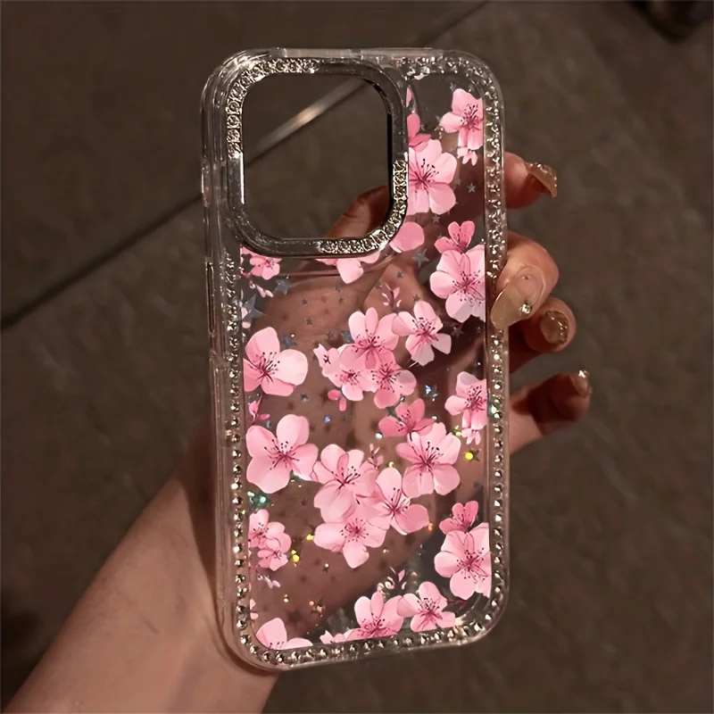 Pink peach blossom pattern laser-cut star diamond phone case, suitable for iPhone 17, 16, 15, 14, 13, 12, 11, etc.