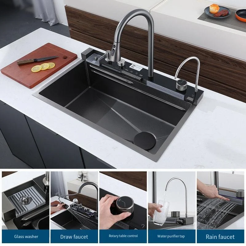 Waterfall Sink Digital Display Piano Keys Kitchen 1 Piece Carton Box Stainless Steel Drain Pipe 3mm Modern Brushed Single Bowl