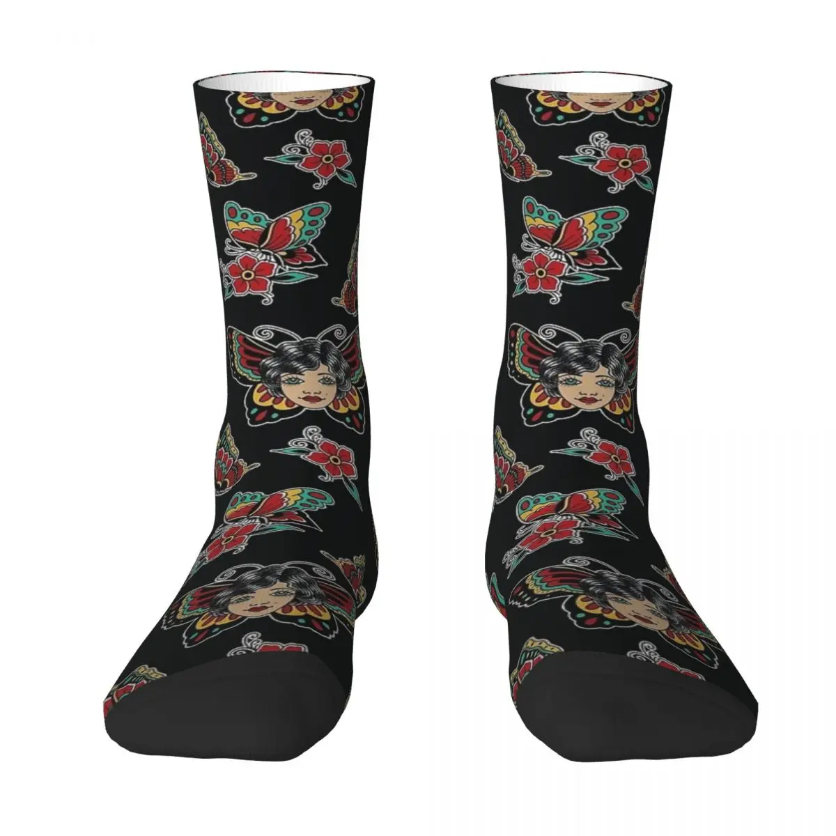 Calcetines con tatuaje de mariposa tradicional americano, medias Vintage de moda, calcetines antibacterianos de otoño para adultos y hombres, calcetines medianos para ciclismo