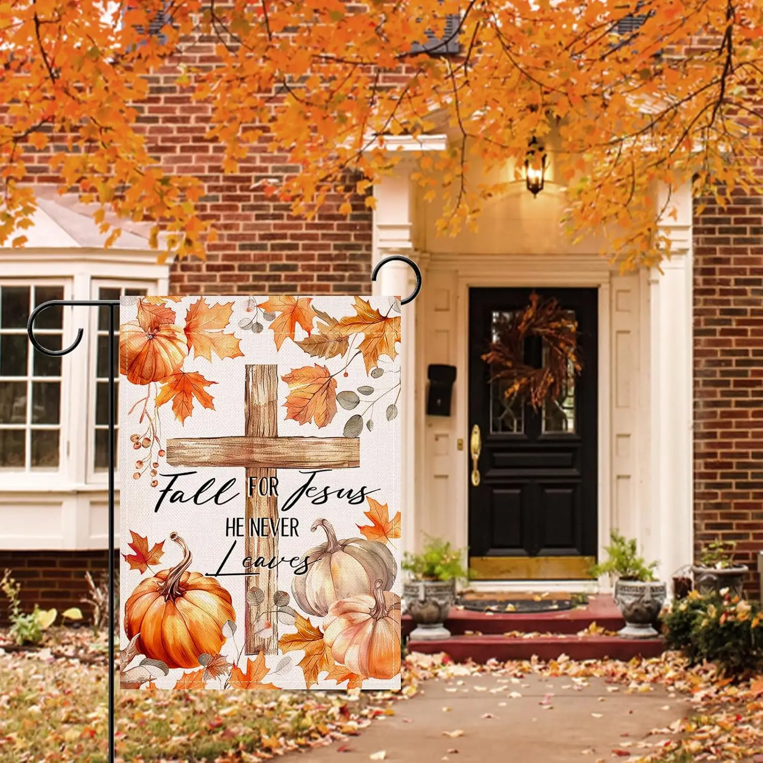 Artofy Fall for Jesus He Never Leaves Christian Small Decorative Garden Flag, Religious Autumn Cross Pumpkin Maple Leaves Ya UUN