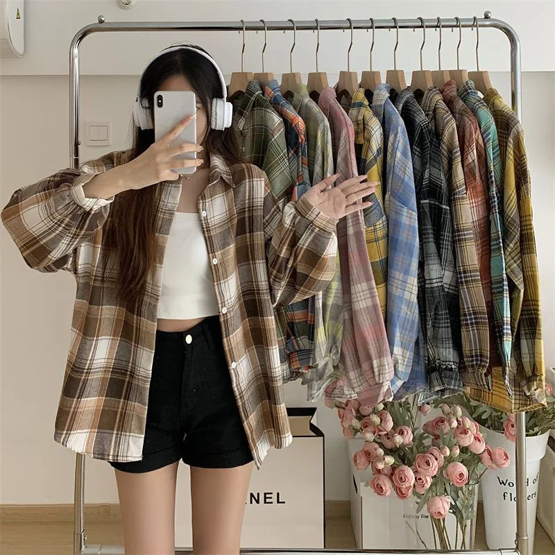 Plaid Shirt Women Autumn Vintage Long Sleeve Single Breasted Blouse Ladies Harajuku Preppy Style Loose Check Shirts Woman