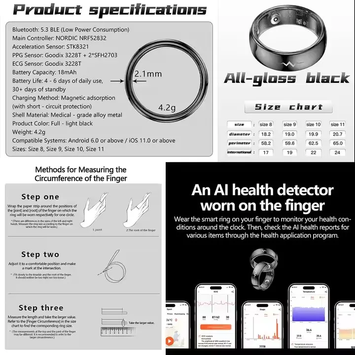 Anelli per il sonno con anello intelligente ECG multifunzionale che tracciano il monitoraggio della temperatura dell'ossigeno nel sangue Fornitore all'ingrosso OEM personalizzato
