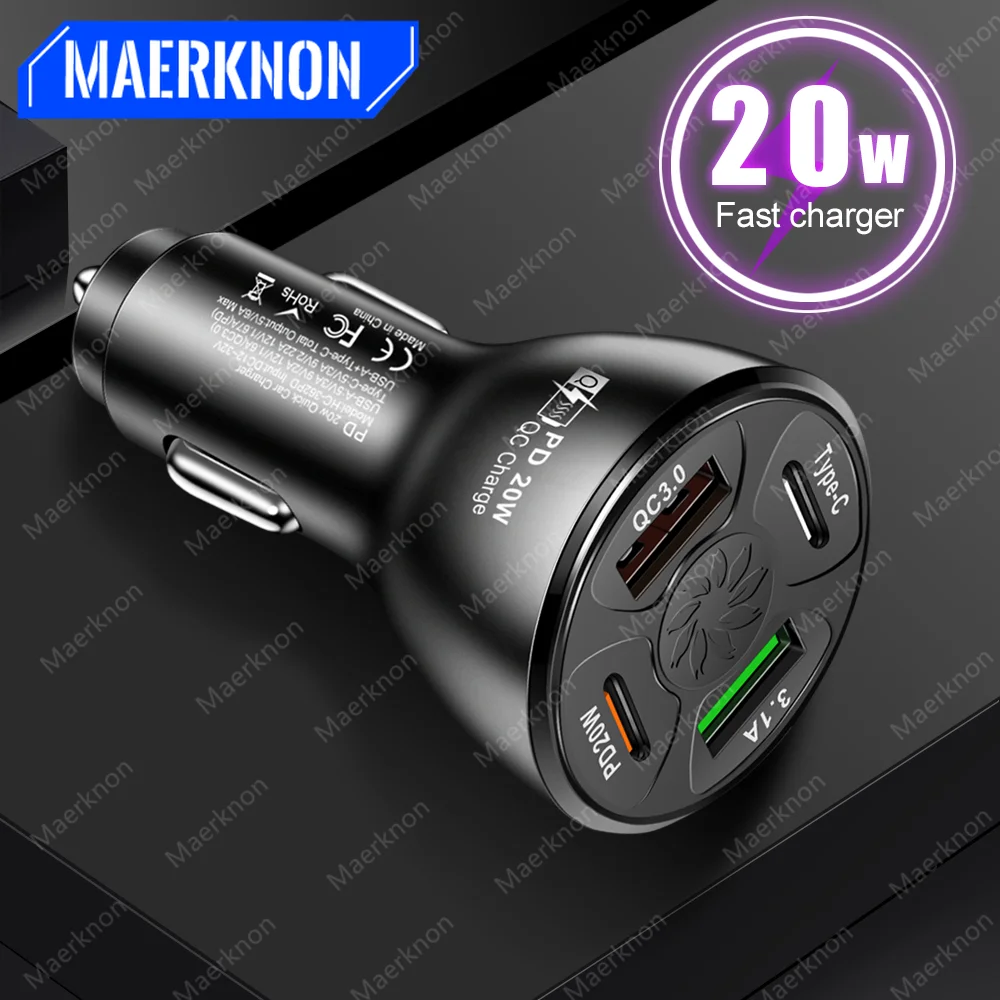 

4 Ports Car Charger USB Type C PD Quick Charge 3.0 For iPhone 13 12 11 Pro Xiaomi Huawei Samsung Fast Charging Car Phone Charger