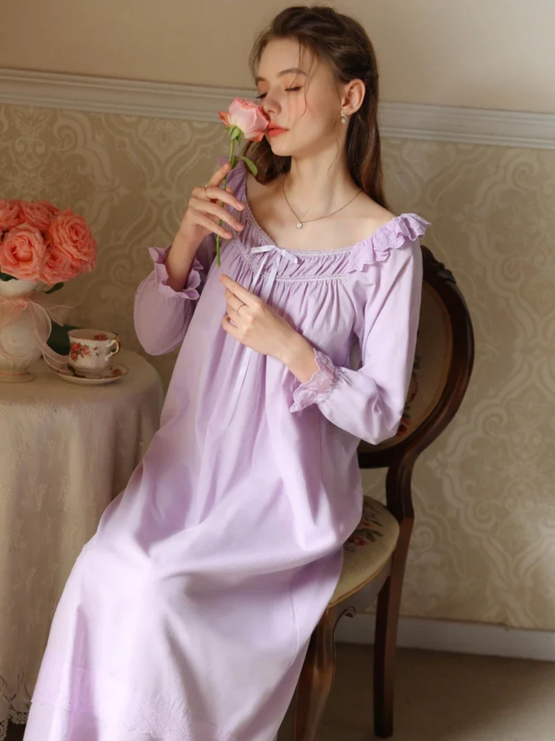 Female French Spring Cotton Pajamas Ruffles Fairy Nightdress Sleepwear Sexy Sweet Victorian Princess Home Clothes for Women